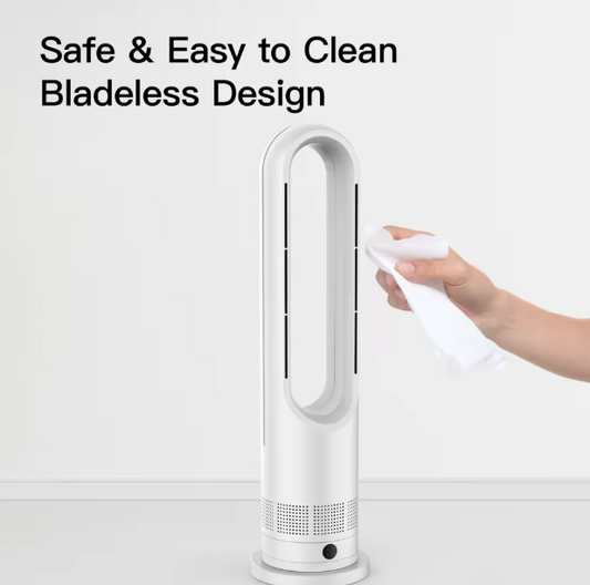 Bladeless Tower Fan Heater & Air Cooler – Portable 2-in-1 Quiet Fan for Bedroom, Office & Hotel Use (Low Power)