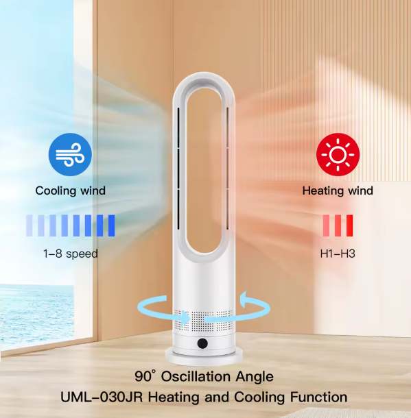 Bladeless Tower Fan Heater & Air Cooler – Portable 2-in-1 Quiet Fan for Bedroom, Office & Hotel Use (Low Power)