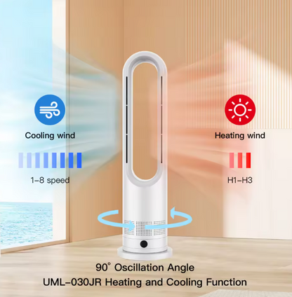Bladeless Tower Fan Heater & Air Cooler – Portable 2-in-1 Quiet Fan for Bedroom, Office & Hotel Use (Low Power)