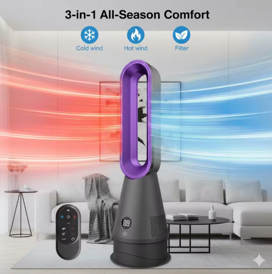 3-in-1 Bladeless Fan Heater & Air Purifier – Quiet Tower Fan with Filter for Home & Office